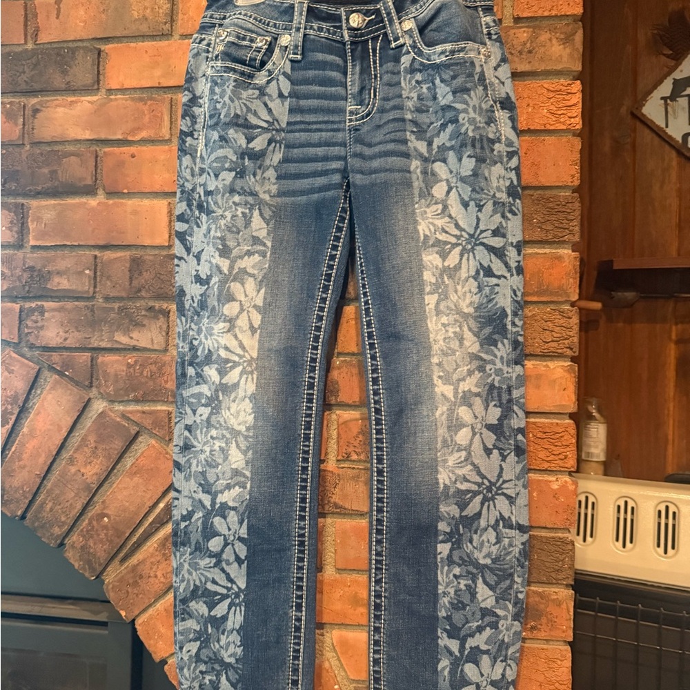 Miss Me Blue Floral-Panel Straight Leg Jeans